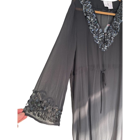 Romans swim coverup black sheer with sequin trim side slit tie waist Large - Picture 4 of 9